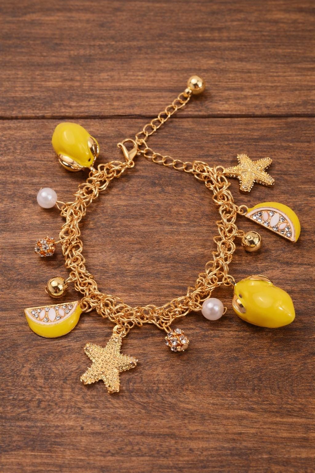 Lemon Pearl Tassel Bracelet, Star Charm Chain Jewelry, Summer Beach Party Gift