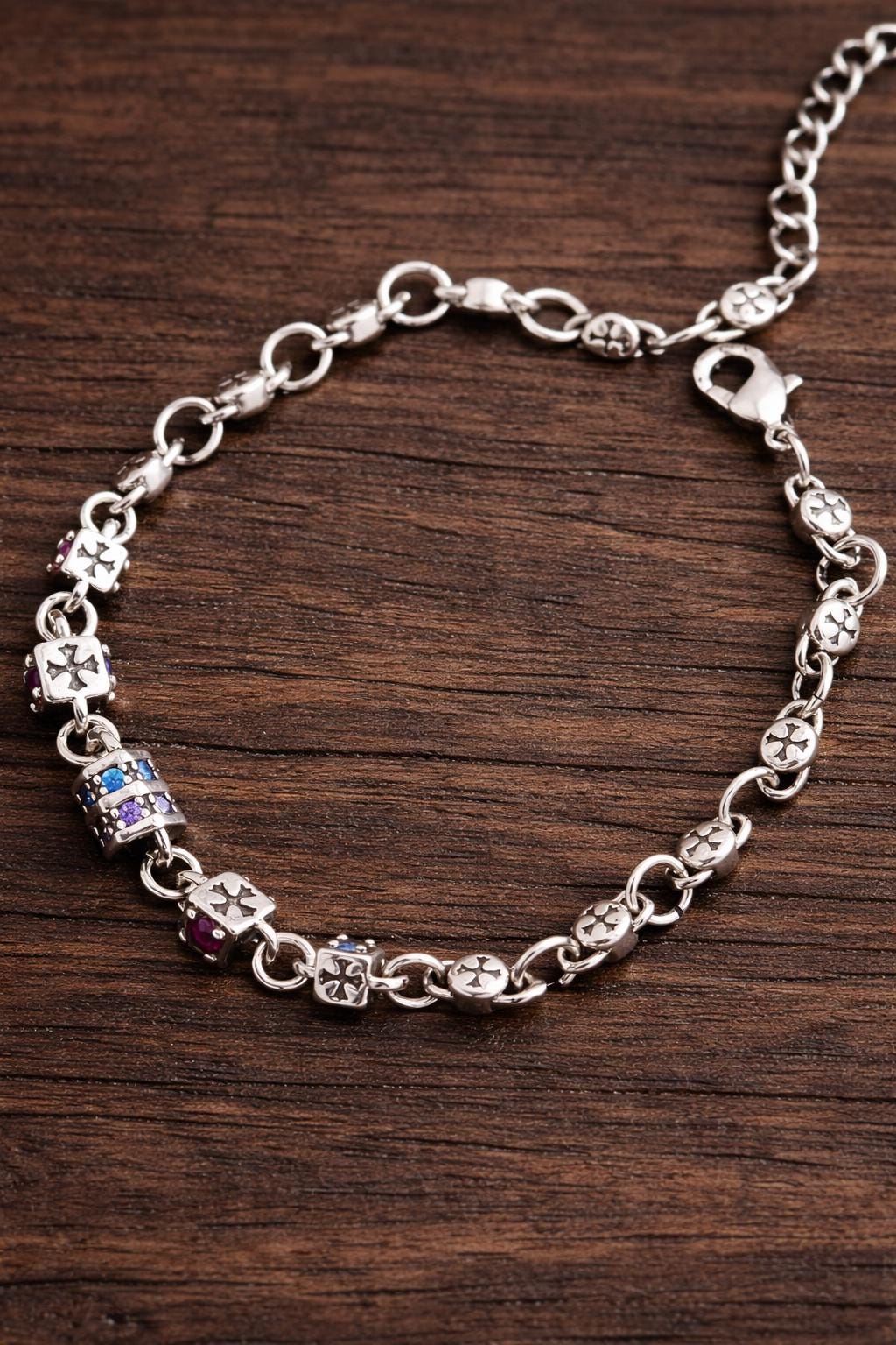 Retro Colored Cubic Zirconia Cross Bracelet, Adjustable Dainty Daily Wear Jewelry