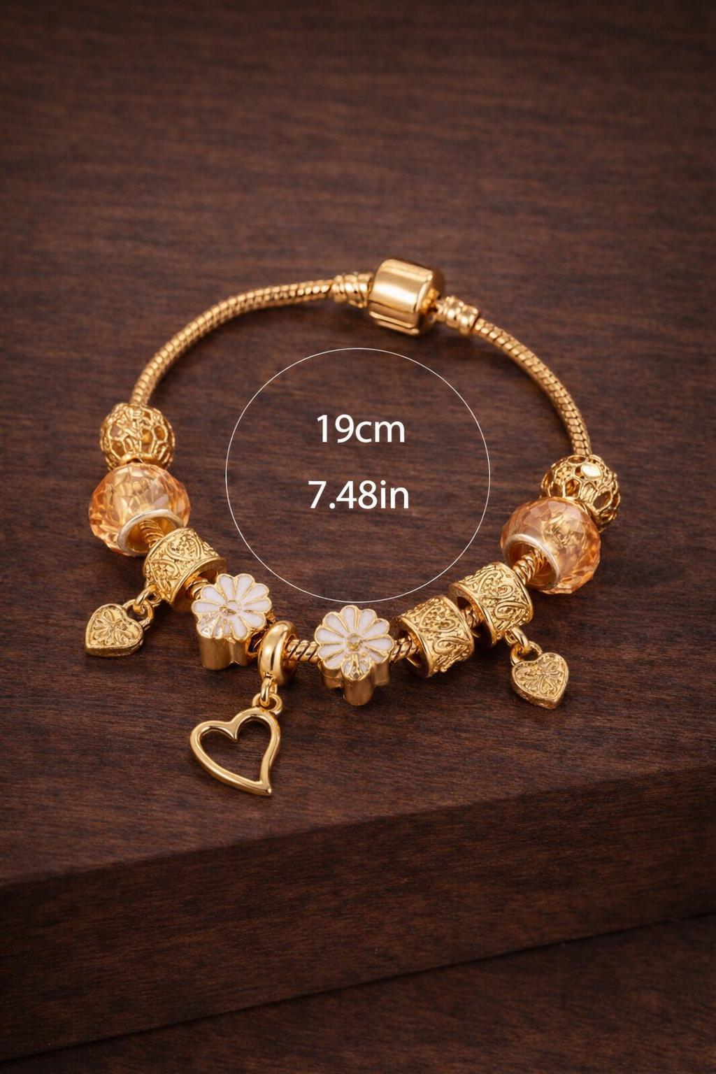 Gold-Toned Heart Flower Charm Bracelet, Romantic Beaded Jewelry
