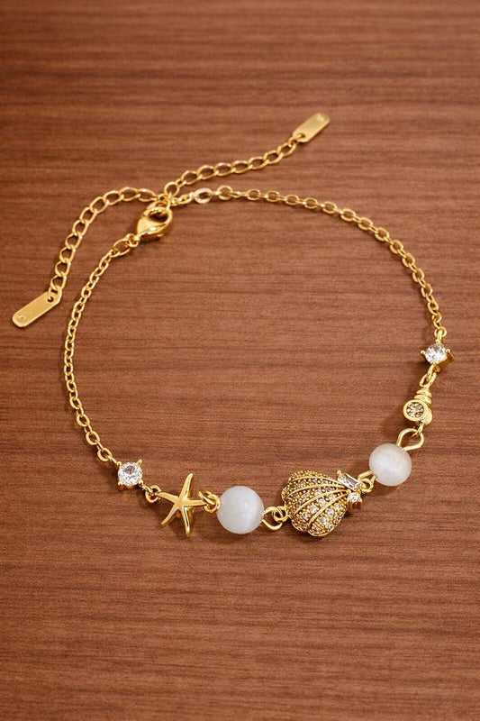 18K Gold Ocean Star Shell Bracelet, Cat Eye Stone CZ Boho Beach Jewelry