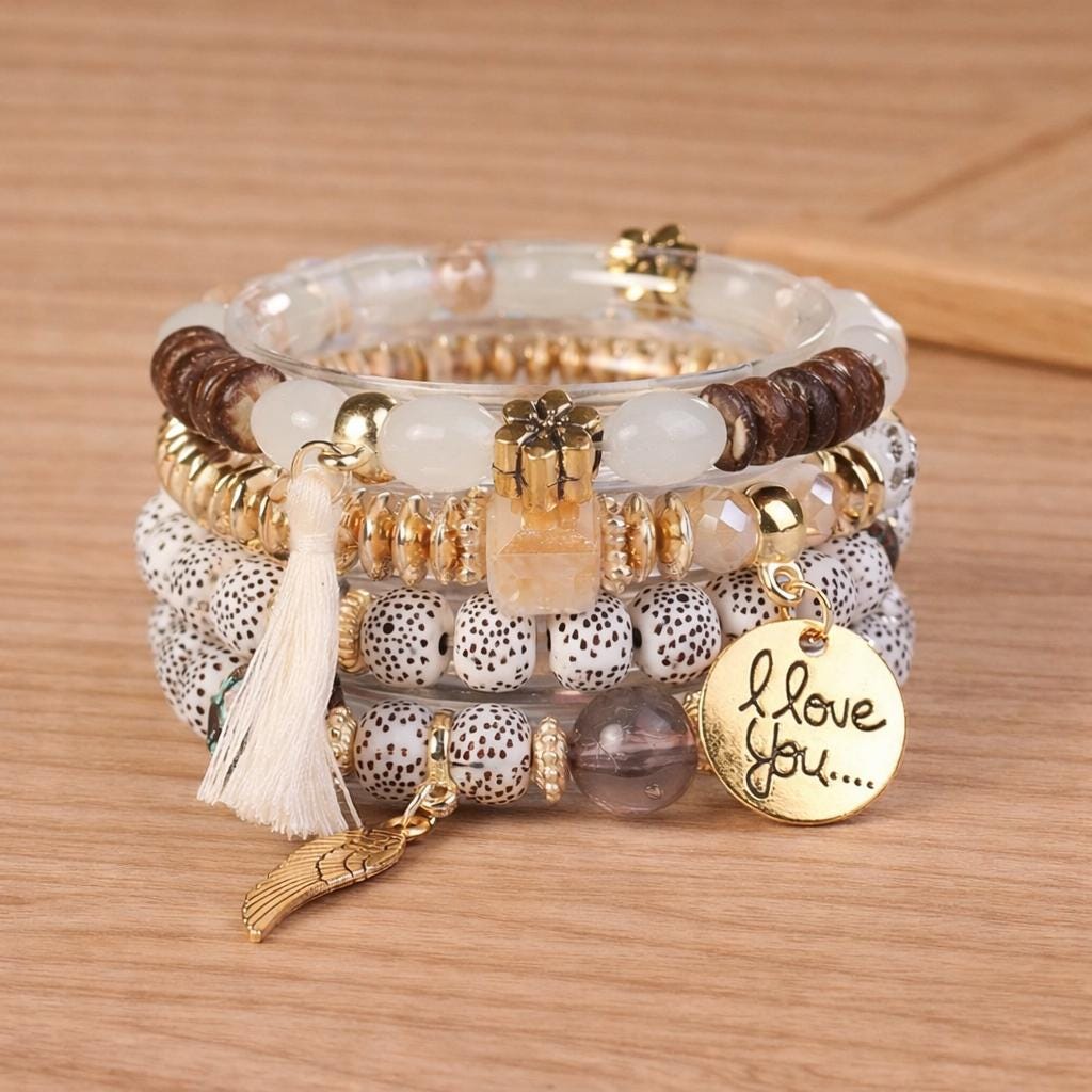 Boho Multilayer Beaded Bracelet Set, Tassel & Alloy Charm Stack (4PCS)