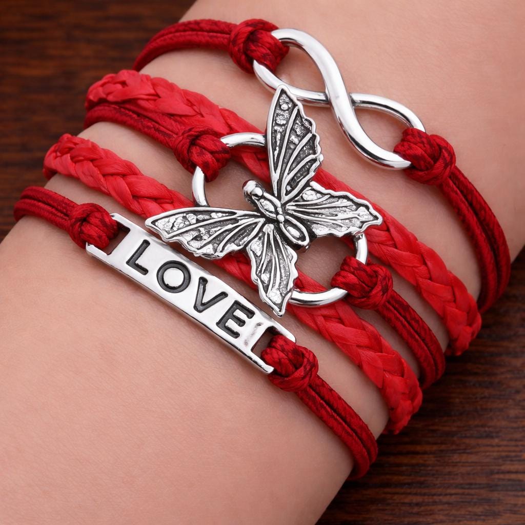 Leather Butterfly Infinity Bracelet, Silver Tone LOVE Charm Bangle