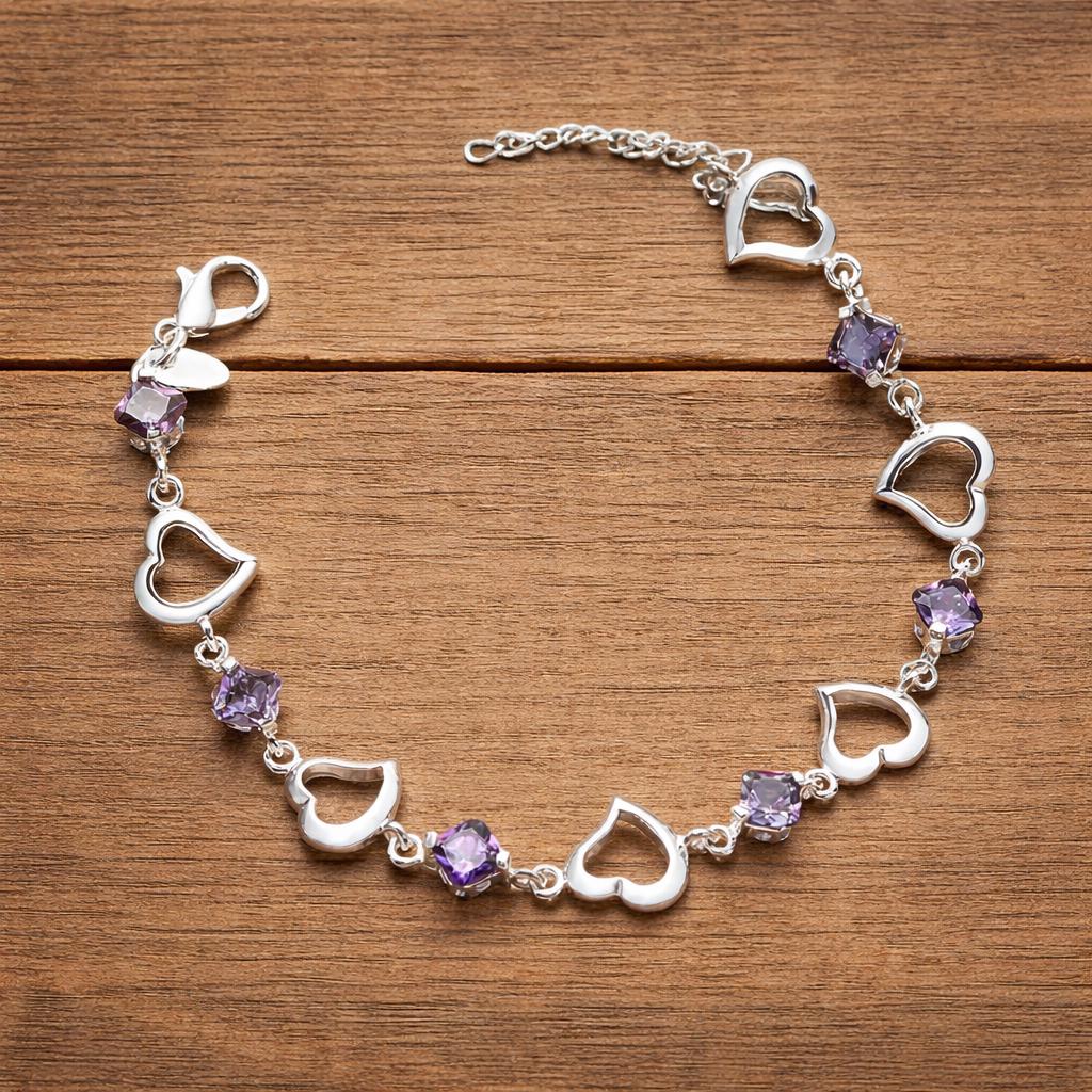 Sterling Silver Plated Heart Bracelet, Purple Zirconia, Elegant Romantic Jewelry