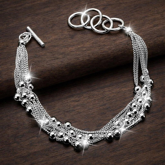 925 Sterling Silver Plated Layered Bead Bracelet, Six-Chain Dainty Jewelry