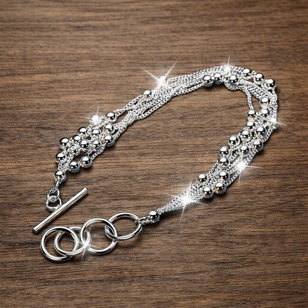 925 Sterling Silver Plated Layered Bead Bracelet, Six-Chain Dainty Jewelry