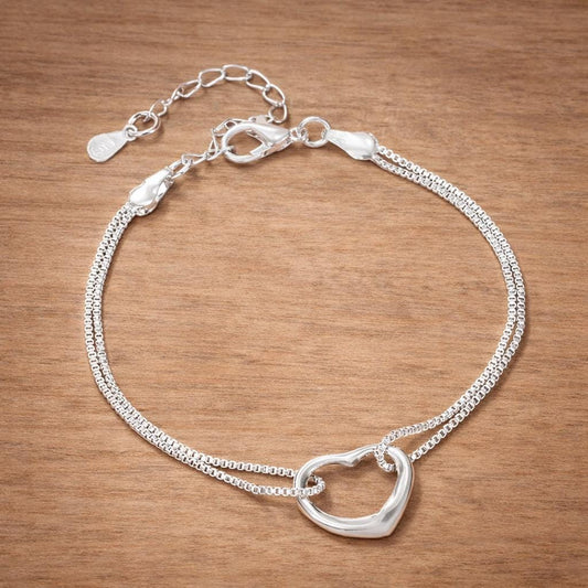 Minimalist 925 Sterling Silver Heart Jewelry Set, Matching Necklace Bracelet for Women