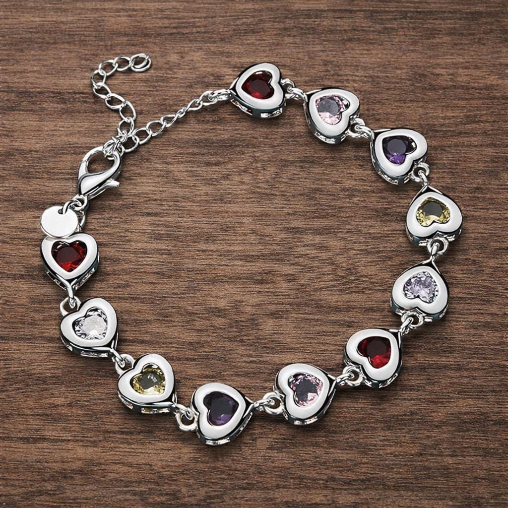 Sterling Silver Plated Heart Charm Bracelet, Crystal Chain Jewelry, Women's Elegant Gift