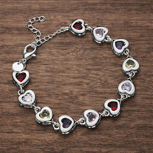 Sterling Silver Plated Heart Charm Bracelet, Crystal Chain Jewelry, Women's Elegant Gift