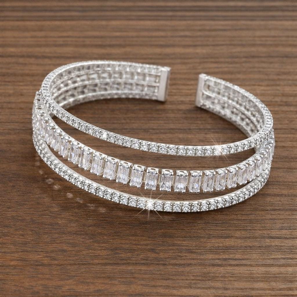 Multi Layer Zirconia Open Cuff Bracelet, Elegant Statement Bangle Jewelry