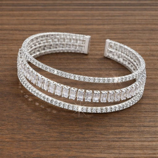 Multi Layer Zirconia Open Cuff Bracelet, Elegant Statement Bangle Jewelry