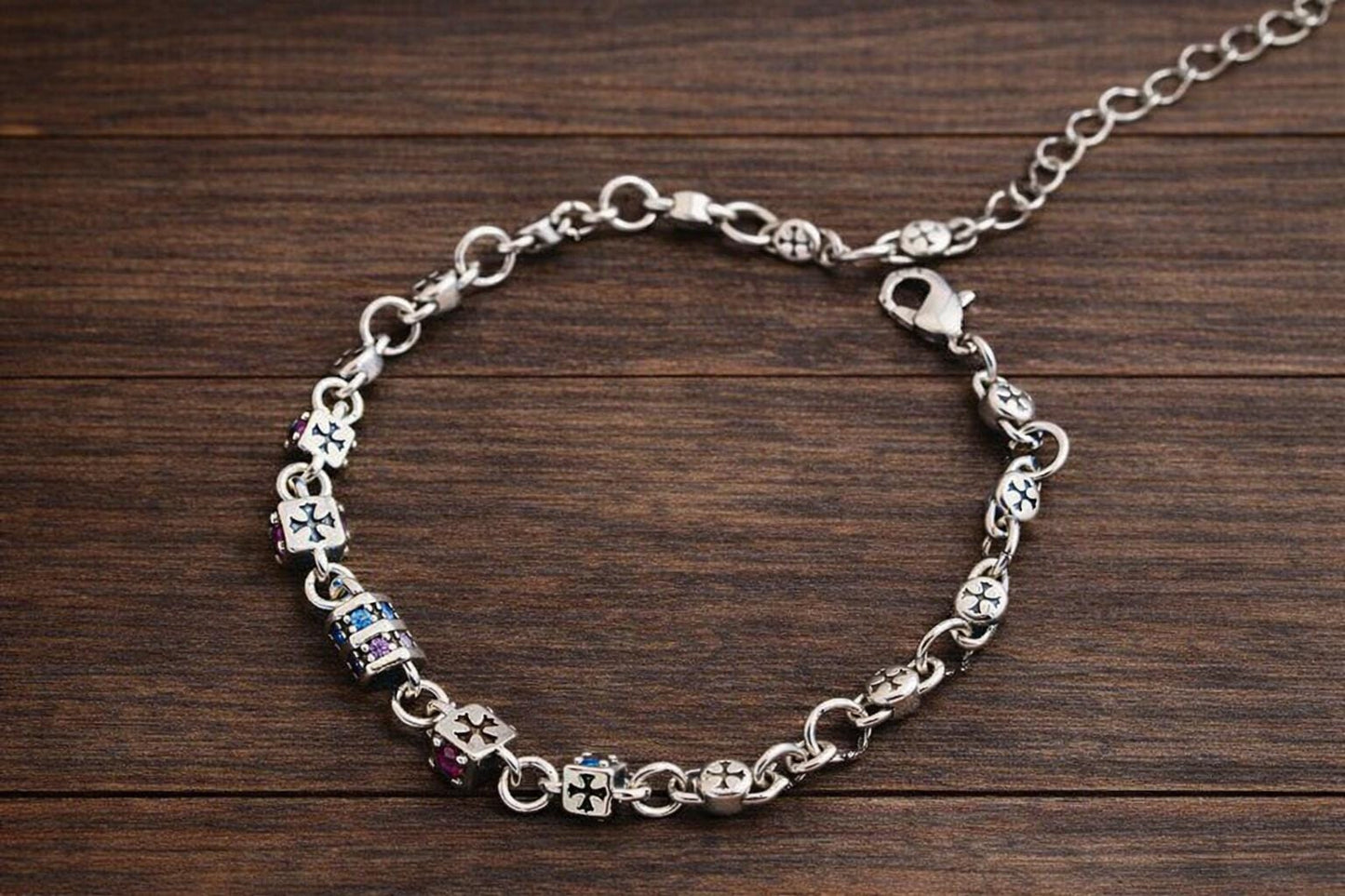 Retro Colored Cubic Zirconia Cross Bracelet, Adjustable Dainty Daily Wear Jewelry