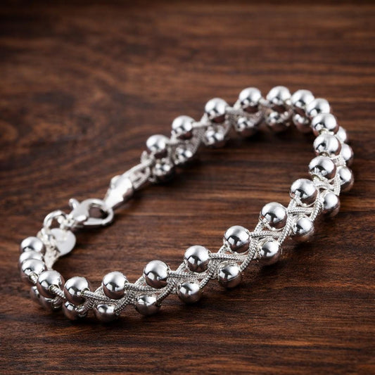 Silver Plated Charm Beads Chain Bracelet, Elegant Wedding Jewelry, Dainty Fashion Accessory