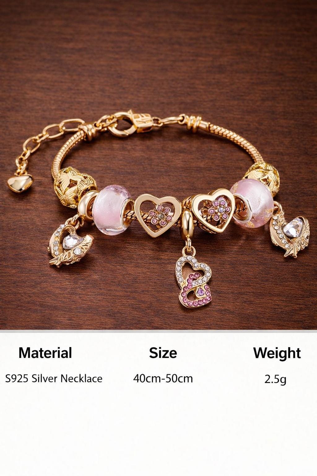 Gold-Toned Heart Flower Charm Bracelet, Romantic Beaded Jewelry
