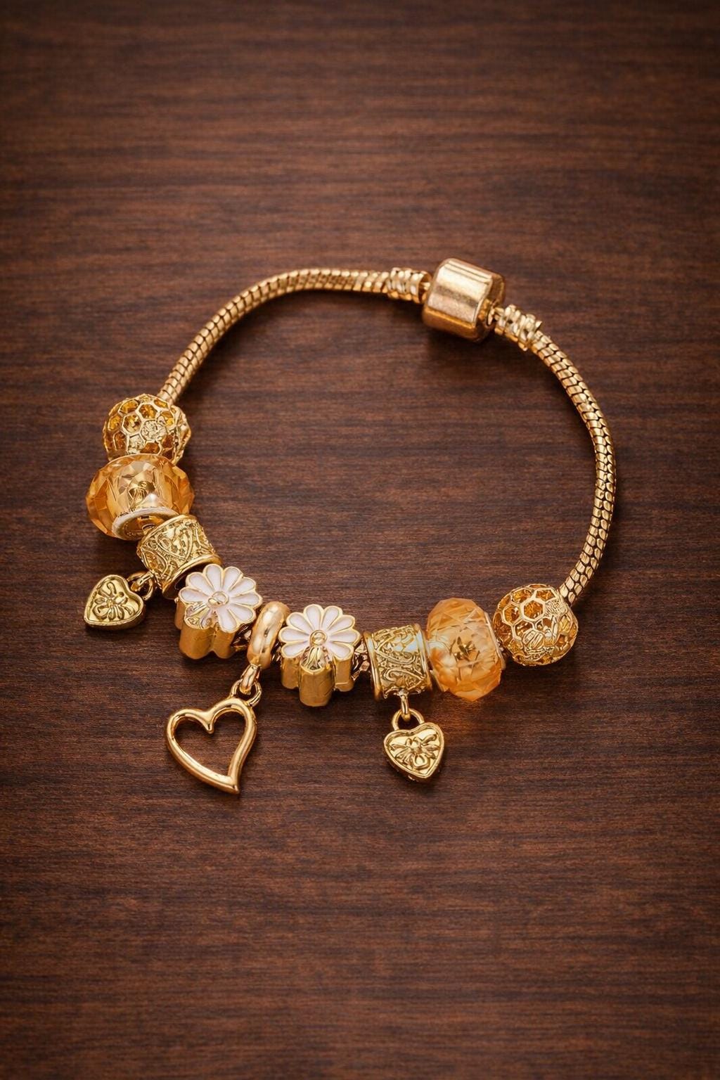 Gold-Toned Heart Flower Charm Bracelet, Romantic Beaded Jewelry