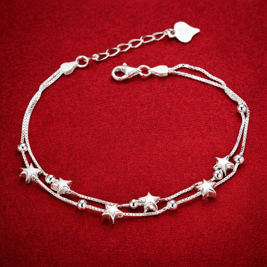 Sterling Silver Star Charm Bracelet, Dainty Double Chain Jewelry, Celestial Style, Women's Accessory