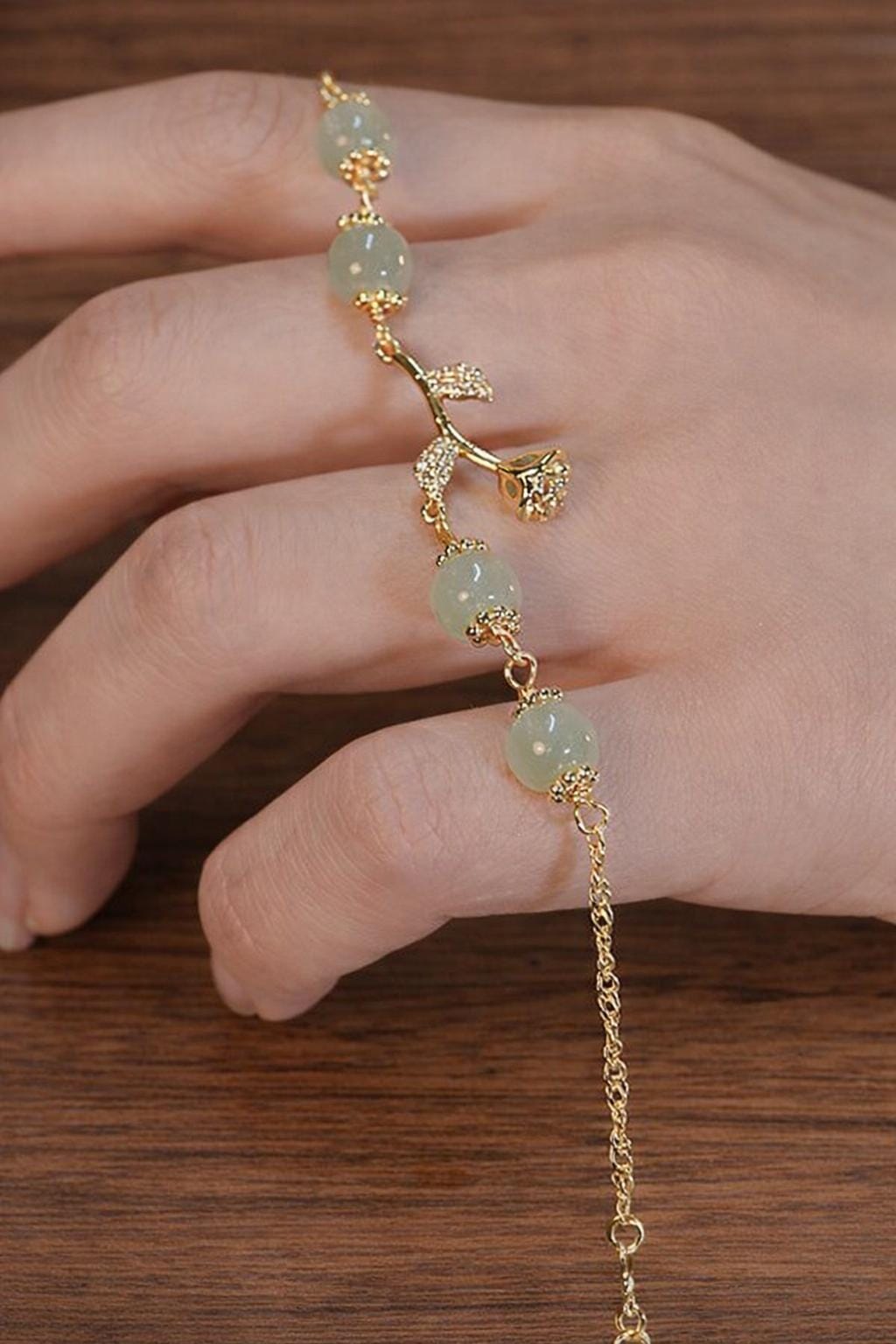 Natural Blue White Agate Rose Charm Bracelet, Boho Gold Tone Jewelry for Women