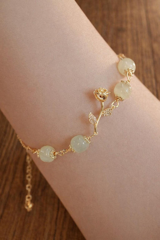 Natural Blue White Agate Rose Charm Bracelet, Boho Gold Tone Jewelry for Women