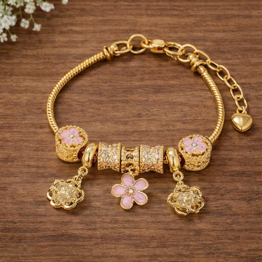 Gold Tone Charm Bracelet: Butterfly, Heart, Flower Rhinestone Beads – Adjustable Jewelry