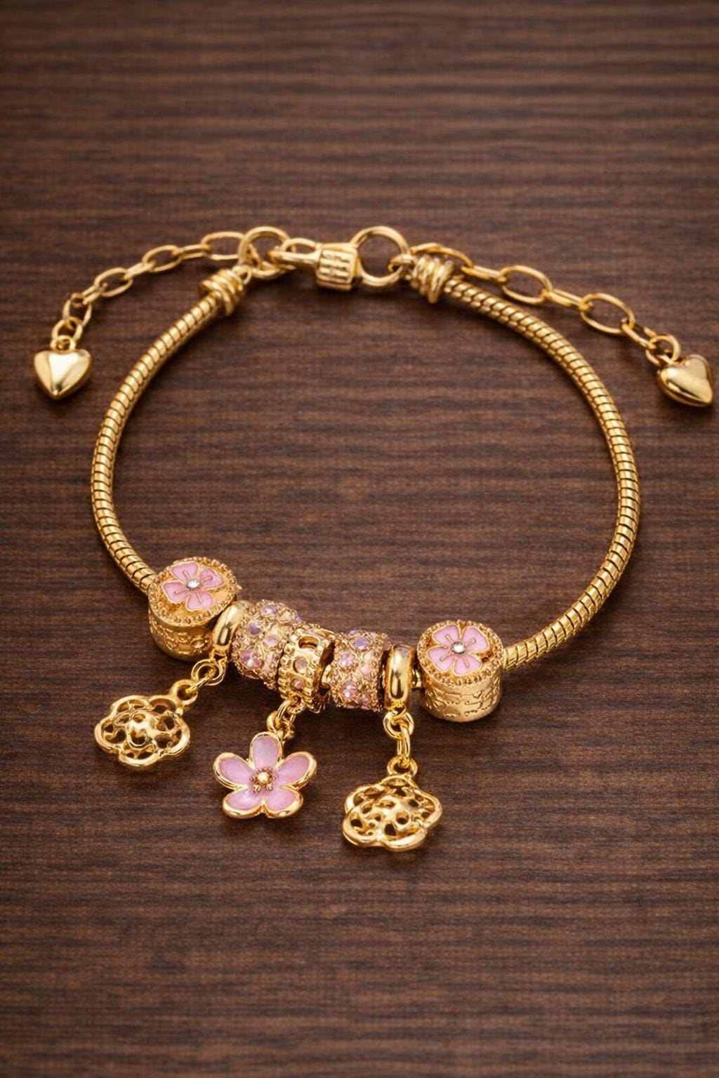 Gold Tone Charm Bracelet: Butterfly, Heart, Flower Rhinestone Beads – Adjustable Jewelry