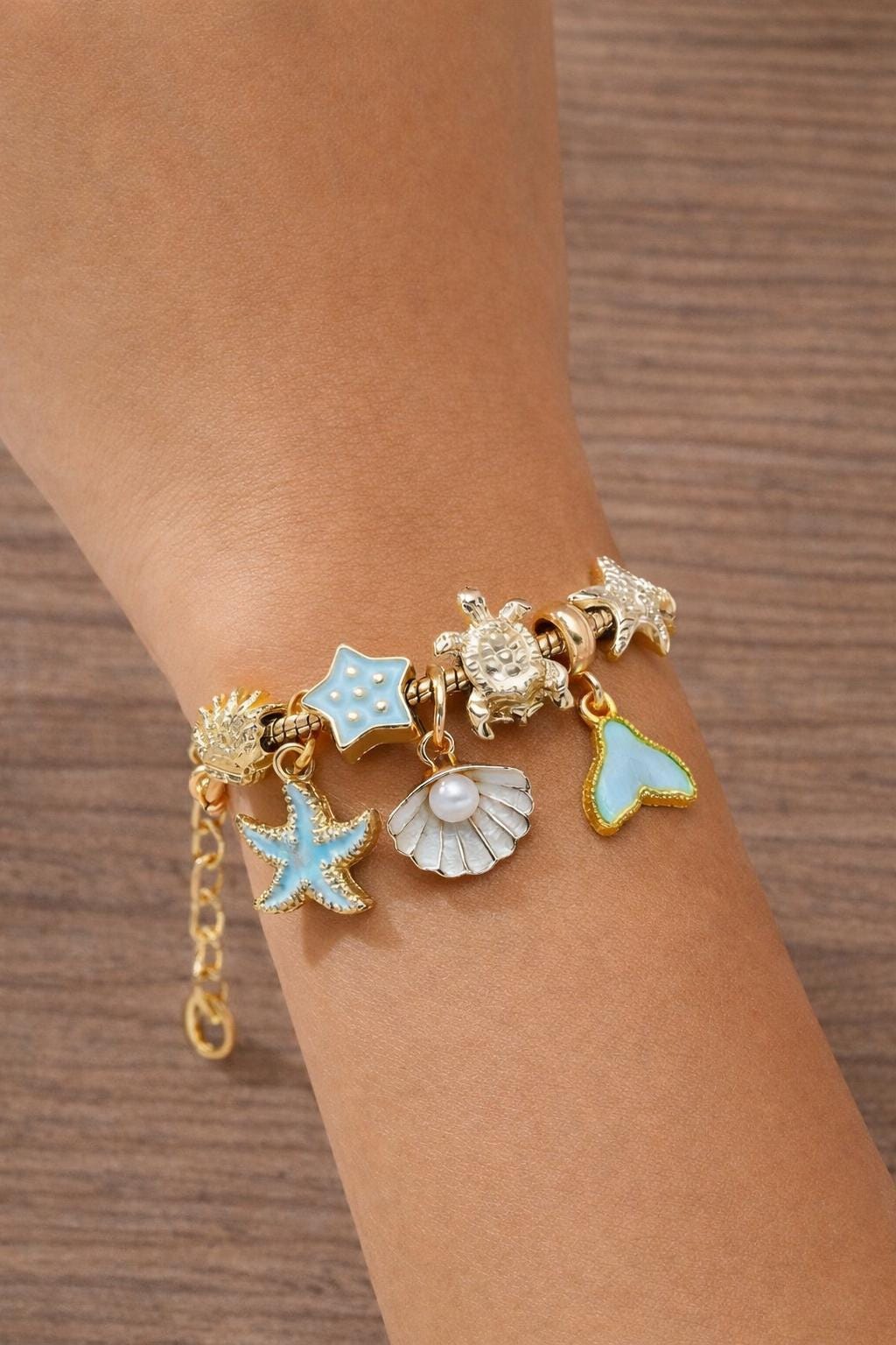 Gold Tone Charm Bracelet: Butterfly, Heart, Flower Rhinestone Beads – Adjustable Jewelry