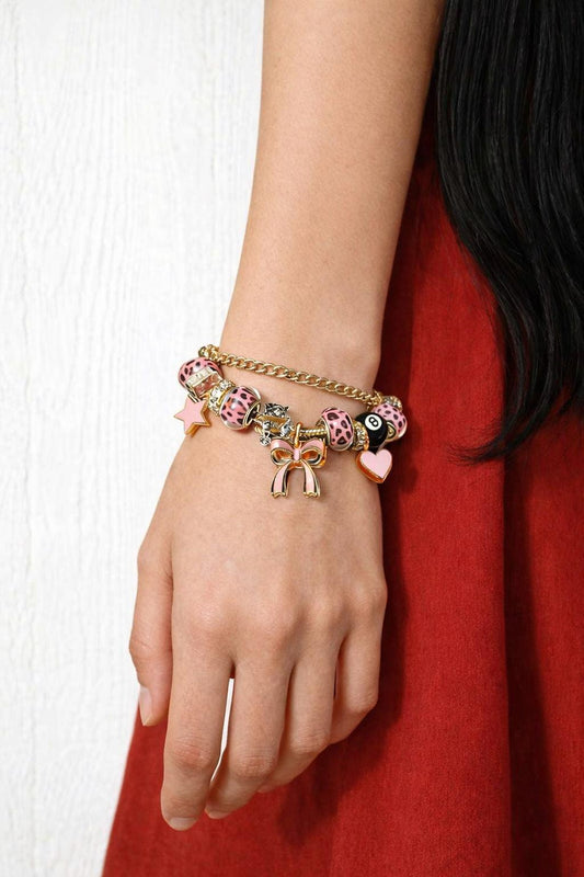 Gold Tone Charm Bracelet: Butterfly, Heart, Flower Rhinestone Beads – Adjustable Jewelry