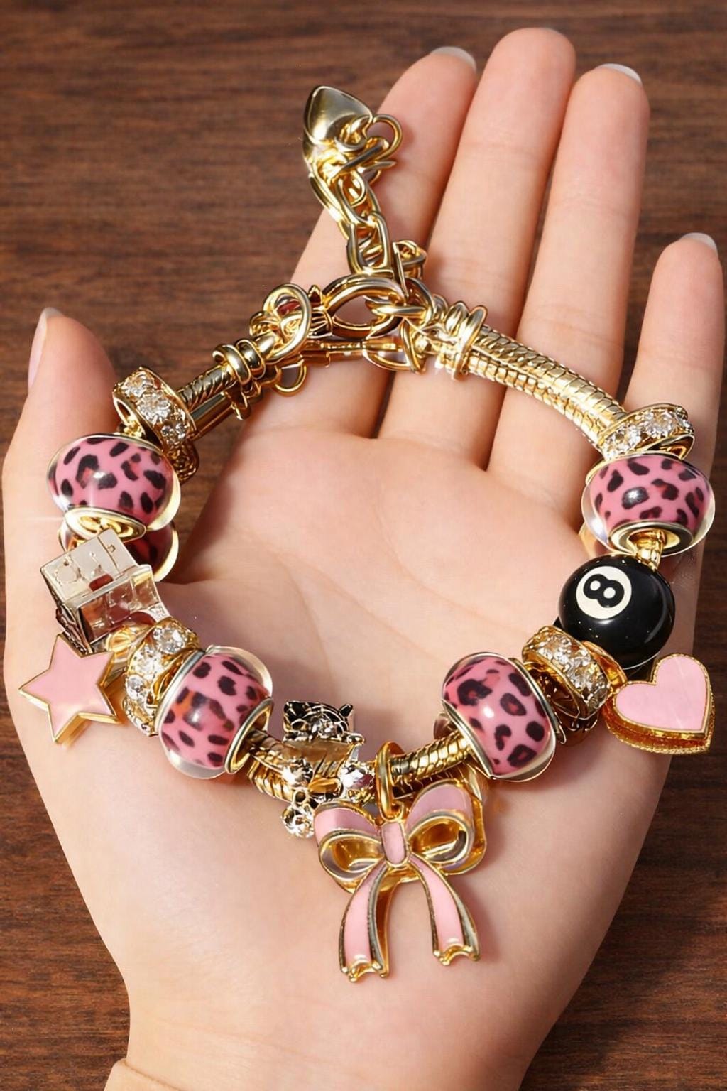 Gold Tone Charm Bracelet: Butterfly, Heart, Flower Rhinestone Beads – Adjustable Jewelry