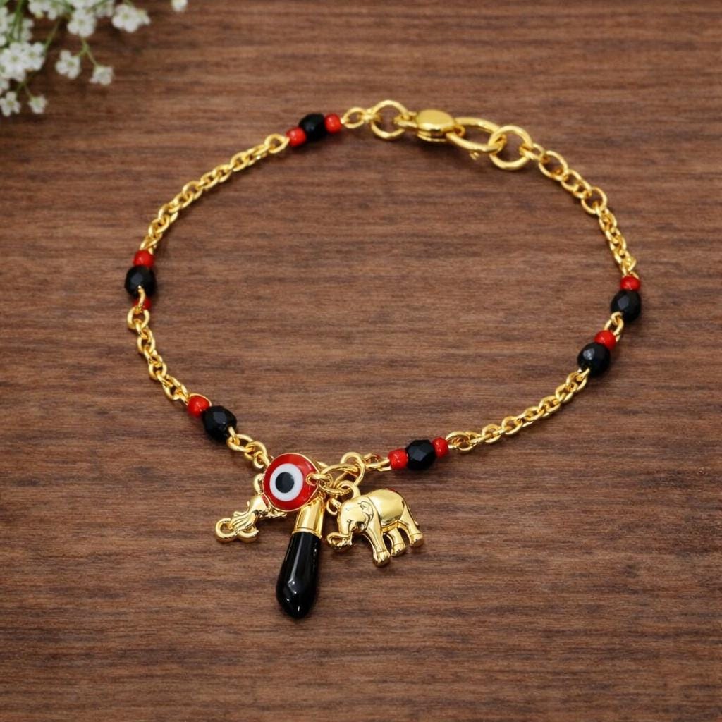 14K Gold-Tone Lucky Eye Elephant Charm Bracelet – Brass Protection Amulet