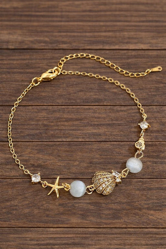 18K Gold Ocean Star Shell Bracelet, Cat Eye Stone CZ Boho Beach Jewelry