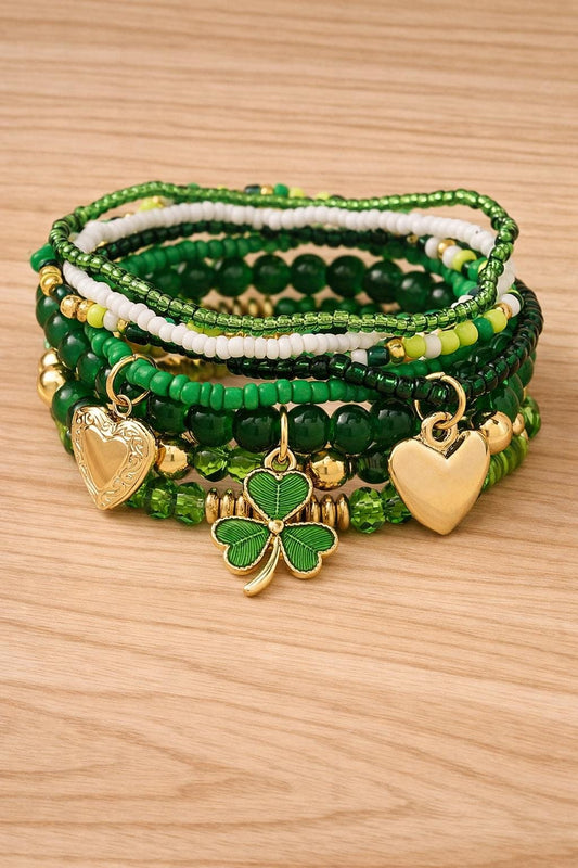 Green Beaded Bracelet Set, Trefoil Heart Charm Stack, St Patrick's Day Jewelry