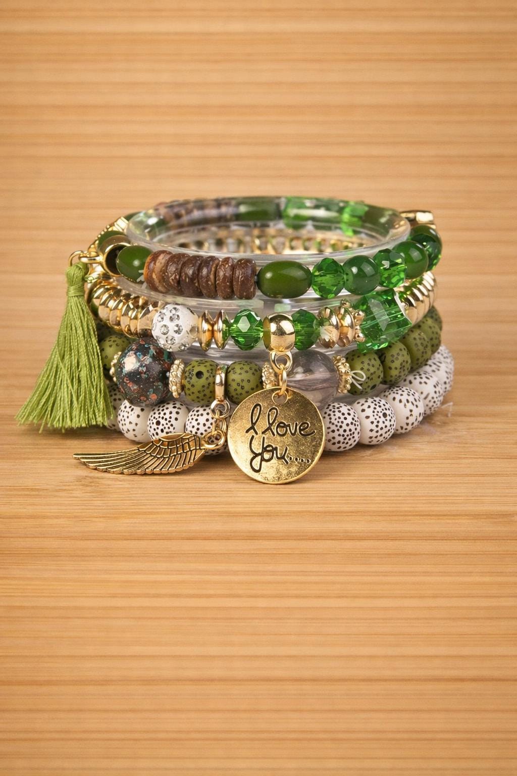 Boho Multilayer Beaded Bracelet Set, Tassel & Alloy Charm Stack (4PCS)