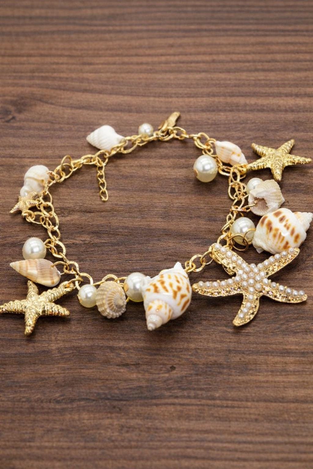 Bohemian Starfish Shell Pearl Bracelet, Coastal Beach Summer Ocean Jewelry