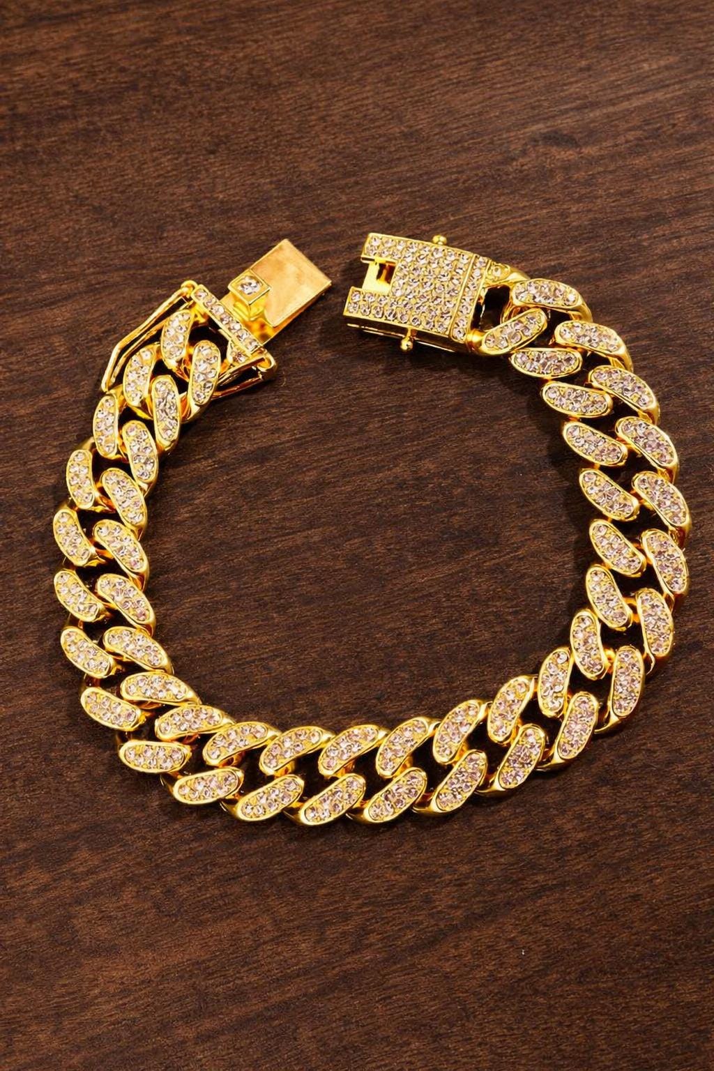 Men’s Rhinestone Chain Bracelet, Metallic Cuban Link Bracelet, Hip Hop Jewelry Gift for Him