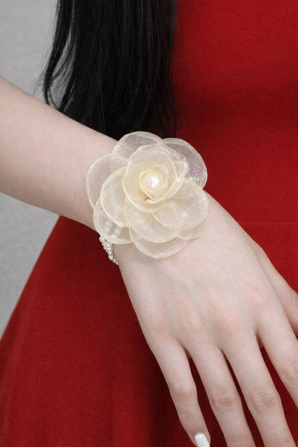 Chiffon Camellia Pearl Bracelet Headband Set, Bridal Floral Hair Accessories
