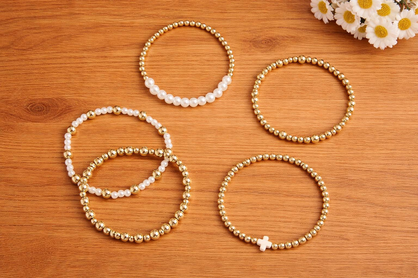 Boho Gold Faux Pearl Beaded Bracelet Set, Cross Charm Stackable Jewelry