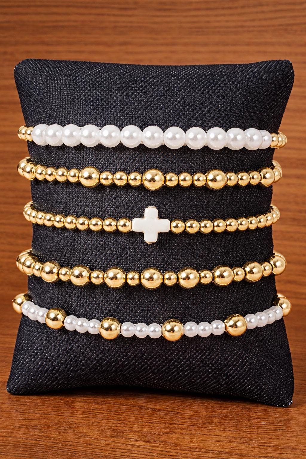 Boho Gold Faux Pearl Beaded Bracelet Set, Cross Charm Stackable Jewelry