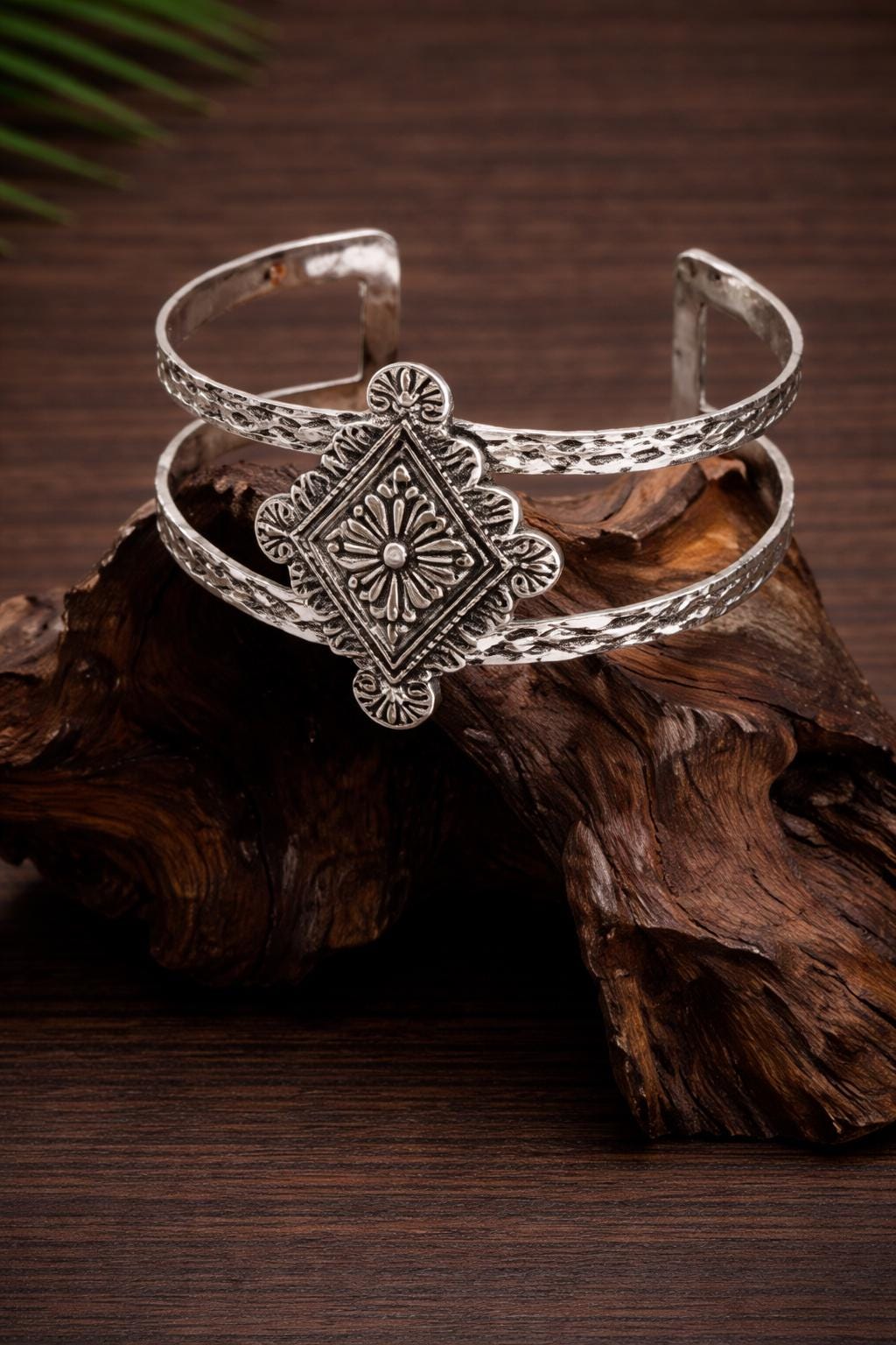 Vintage Geometric Boho Open Cuff Bracelet, Distressed Silver Unisex Bangle