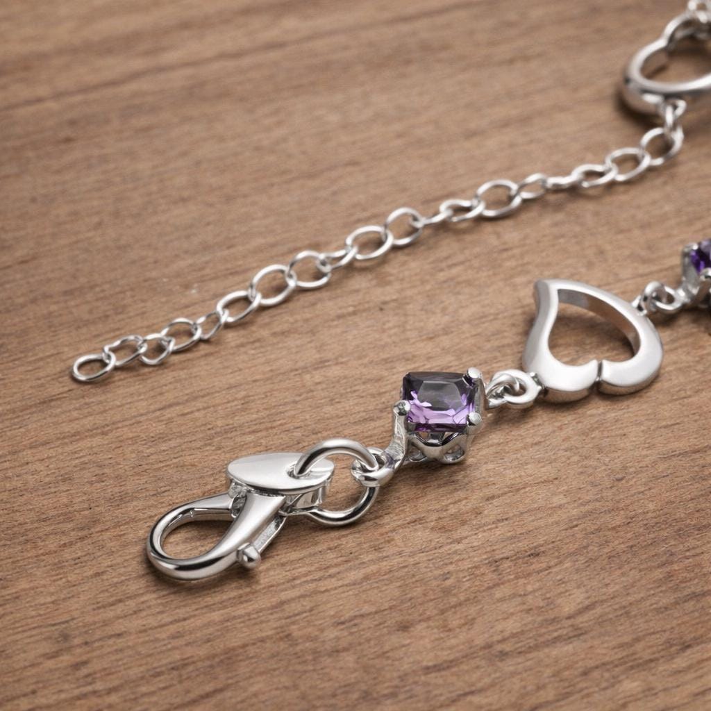 Sterling Silver Plated Heart Bracelet, Purple Zirconia, Elegant Romantic Jewelry
