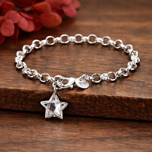 925 Silver Plated Pentagram Star Crystal Bracelet, Celestial Gothic Charm Jewelry