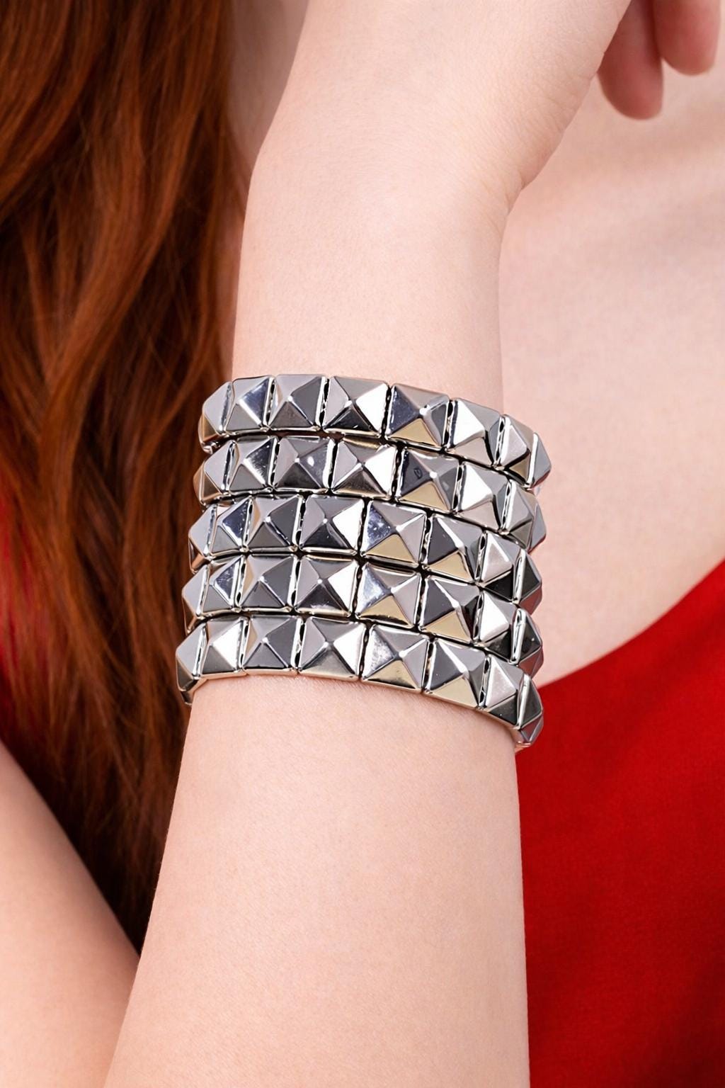 Punk Rivet Bracelet Set 2pcs Silver ABS Bangle for Women Couples Gift Festival Jewelry