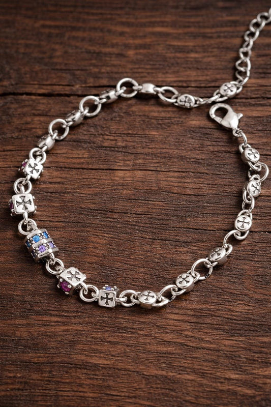 Retro Colored Cubic Zirconia Cross Bracelet, Adjustable Dainty Daily Wear Jewelry
