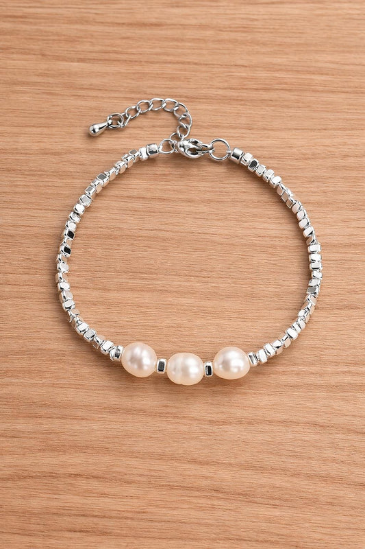 Sterling Silver Pearl Hematite Bracelet, Elegant Minimalist Women Jewelry