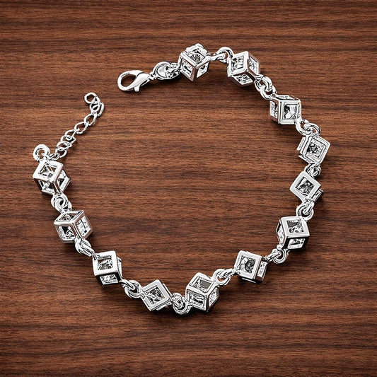 Silver Plated Cubic Zirconia Square Chain Bracelet, Modern Geometric Jewelry
