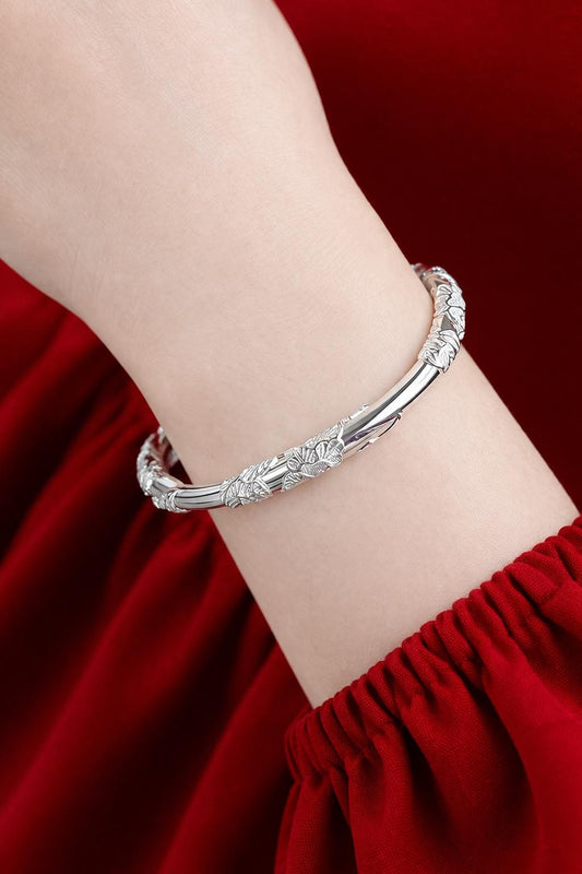 Vintage Floral Silver Plated Bangle, Engraved Elegant Minimalist Bracelet