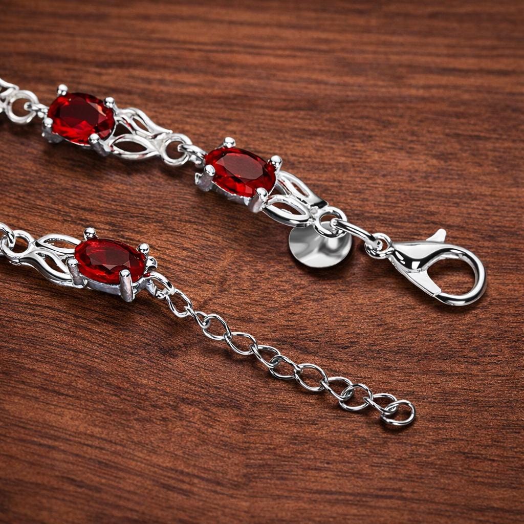 Sterling Silver Plated Red Zirconia Oval Bracelet, Elegant Minimalist Daily Wear