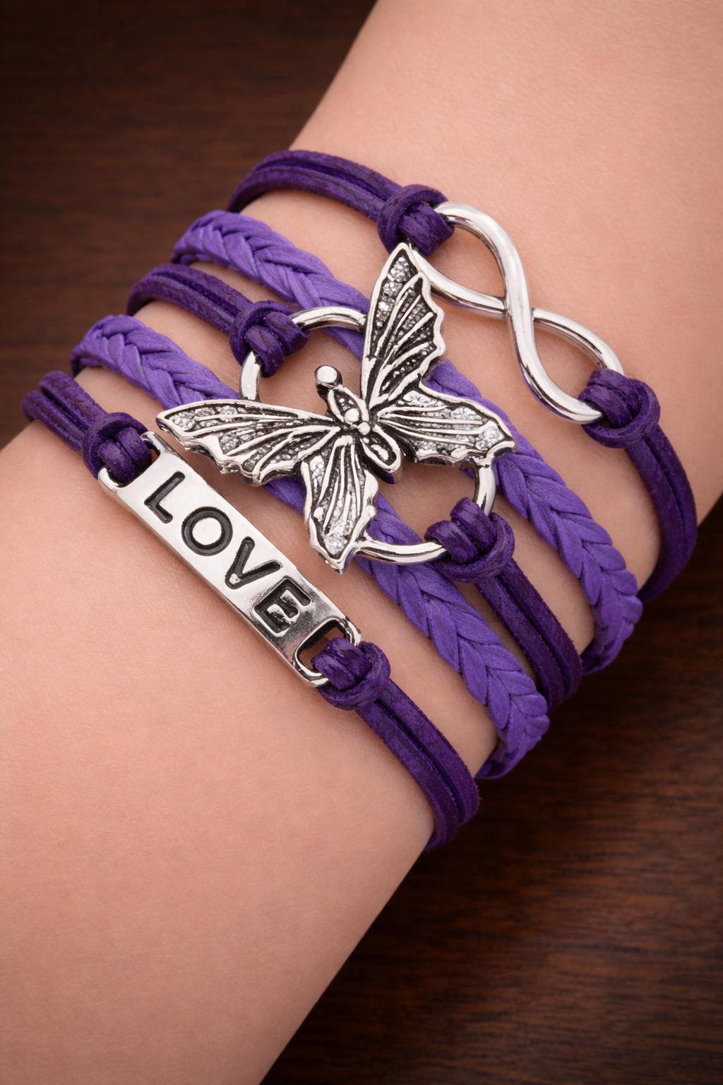 Leather Butterfly Infinity Bracelet, Silver Tone LOVE Charm Bangle