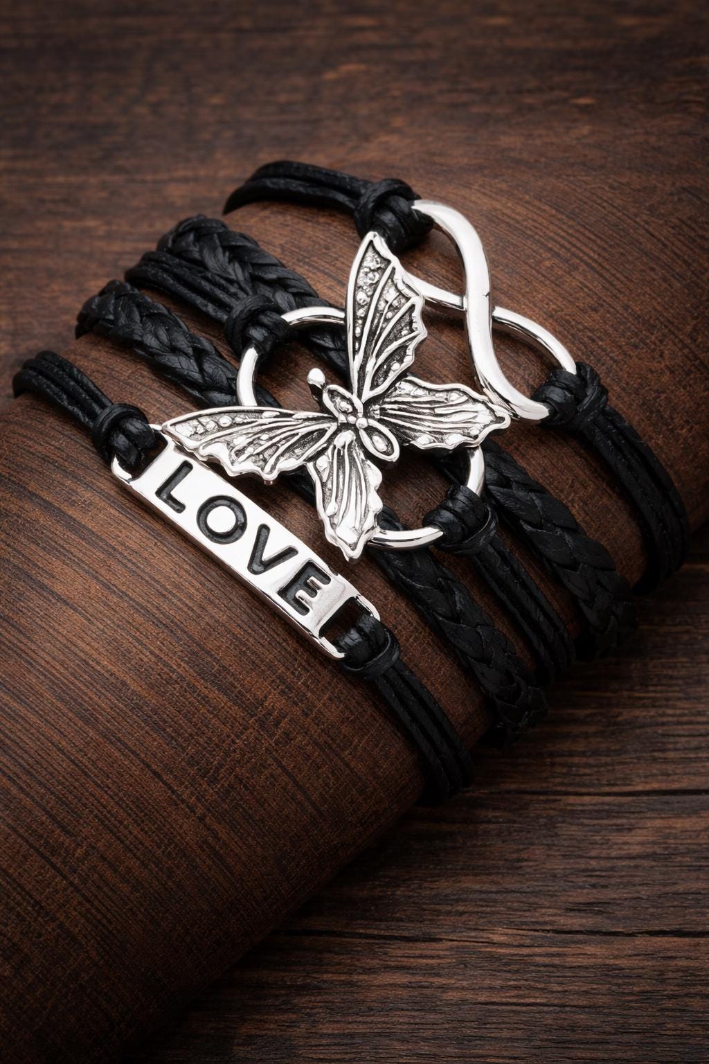 Leather Butterfly Infinity Bracelet, Silver Tone LOVE Charm Bangle