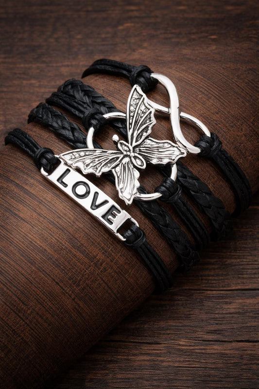 Leather Butterfly Infinity Bracelet, Silver Tone LOVE Charm Bangle