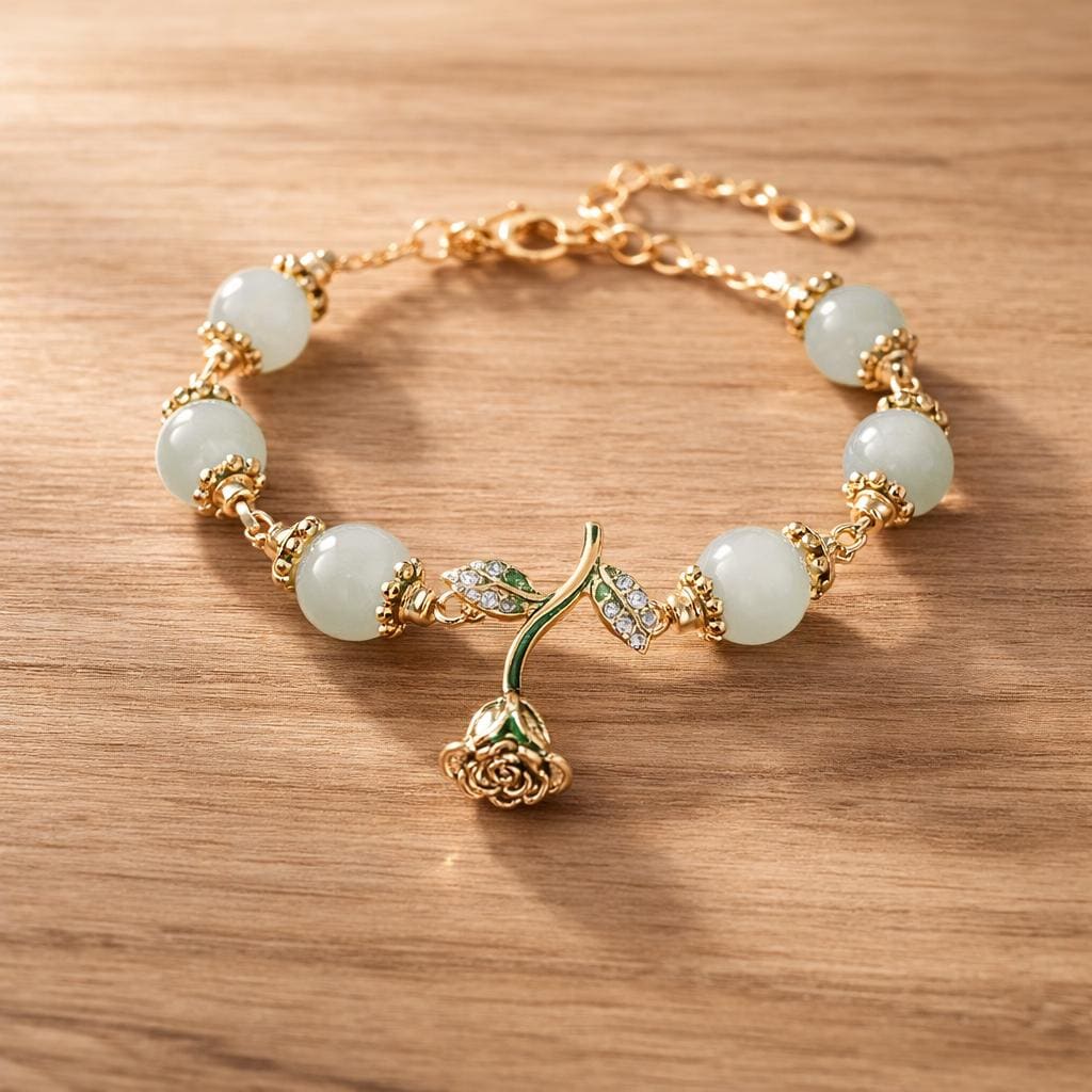Natural Blue White Agate Rose Charm Bracelet, Boho Gold Tone Jewelry for Women