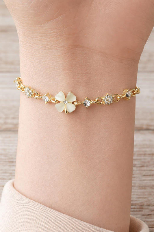 Cat's Eye Flower Bracelet, Rhinestone Adjustable Chain, Elegant Minimalist Jewelry