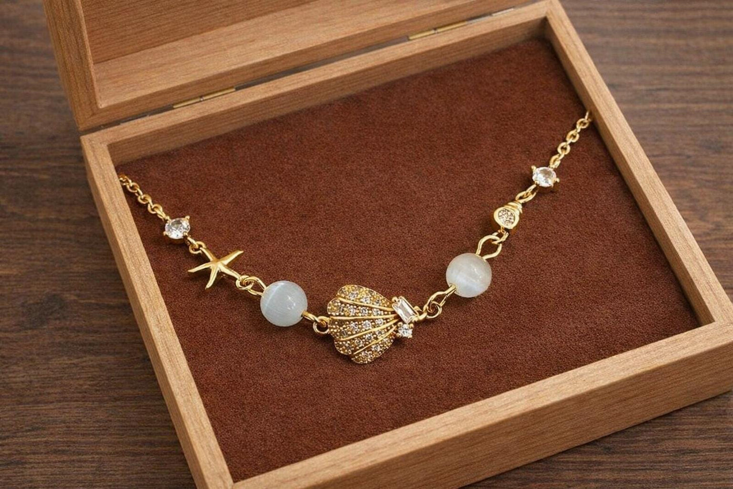 18K Gold Ocean Star Shell Bracelet, Cat Eye Stone CZ Boho Beach Jewelry